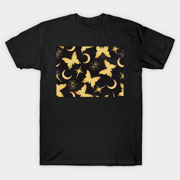 Gold Stamped Butterflies and Sunbursts on Black T-Shirt by FrostedSoSweet